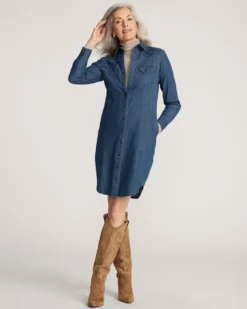 WOMEN'S EMBROIDERED CHAMBRAY GAMBLER SHIRT DRESS