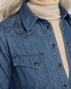 WOMEN'S EMBROIDERED CHAMBRAY GAMBLER SHIRT DRESS
