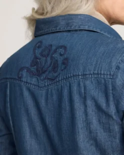 WOMEN'S EMBROIDERED CHAMBRAY GAMBLER SHIRT DRESS