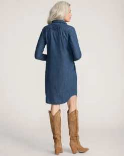 WOMEN'S EMBROIDERED CHAMBRAY GAMBLER SHIRT DRESS