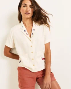 WOMEN'S SHORT-SLEEVE EMBROIDERED LINEN CAMP SHIRT