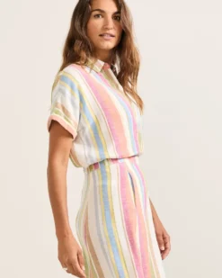 WOMEN'S SHORT-SLEEVE STRIPE LINEN SHIRT