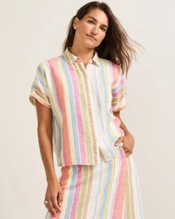 WOMEN'S SHORT-SLEEVE STRIPE LINEN SHIRT