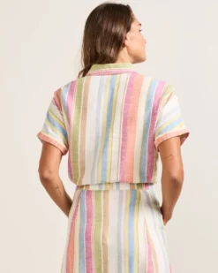 WOMEN'S SHORT-SLEEVE STRIPE LINEN SHIRT